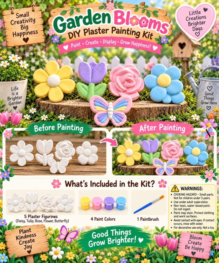 Garden Blooms kit poster: painted daisy, tulip, rose, flower and butterfly figurines, with before-and-after photos and the kit contents