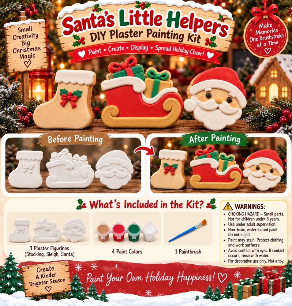 Santa’s Little Helpers kit poster: painted stocking, sleigh and Santa figurines, with before-and-after photos and the kit contents