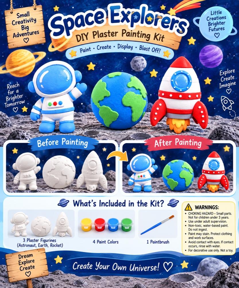Space Explorers kit poster: painted astronaut, Earth and rocket figurines, with before-and-after photos and the kit contents