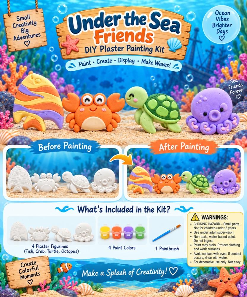 Under the Sea Friends kit poster: painted fish, crab, turtle and octopus figurines, with before-and-after photos and the kit contents